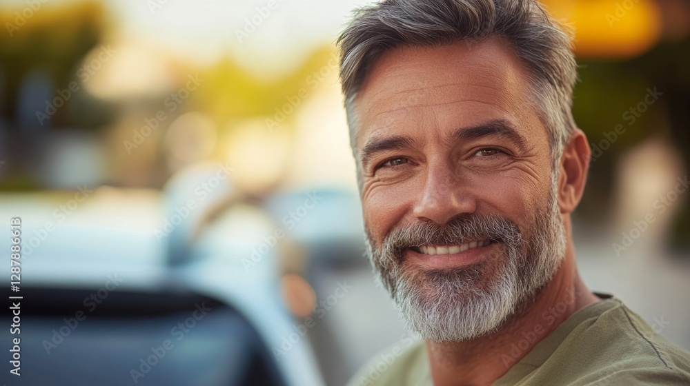 Man with a full beard and a smile on his face. He is wearing a green shirt
