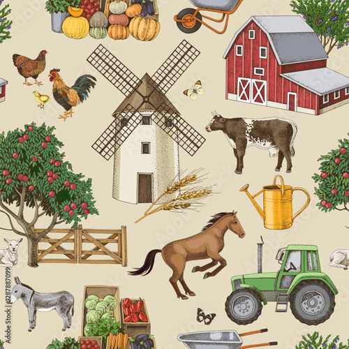 Country farm hand drawn seamless pattern