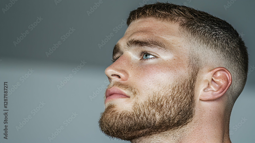 Obraz premium Man's profile, pensive gaze, grey background, studio shot, portrait