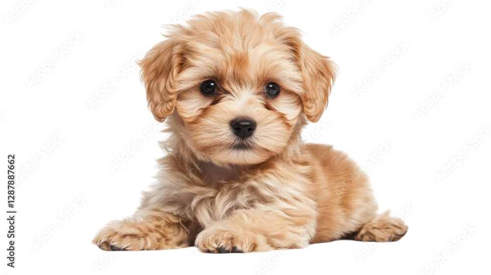 Cute fluffy puppy with soft fur lying down in a playful and curious pose under bright light in a studio setting Cute fluffy puppy with soft fur lying down in a playful and curious pose under bright light in a studio setting