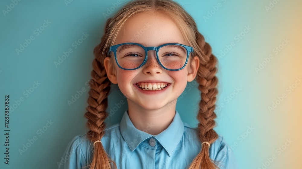 Obraz premium Young girl with blue glasses and red hair is smiling. She is wearing a blue shirt and has her hair in pigtails