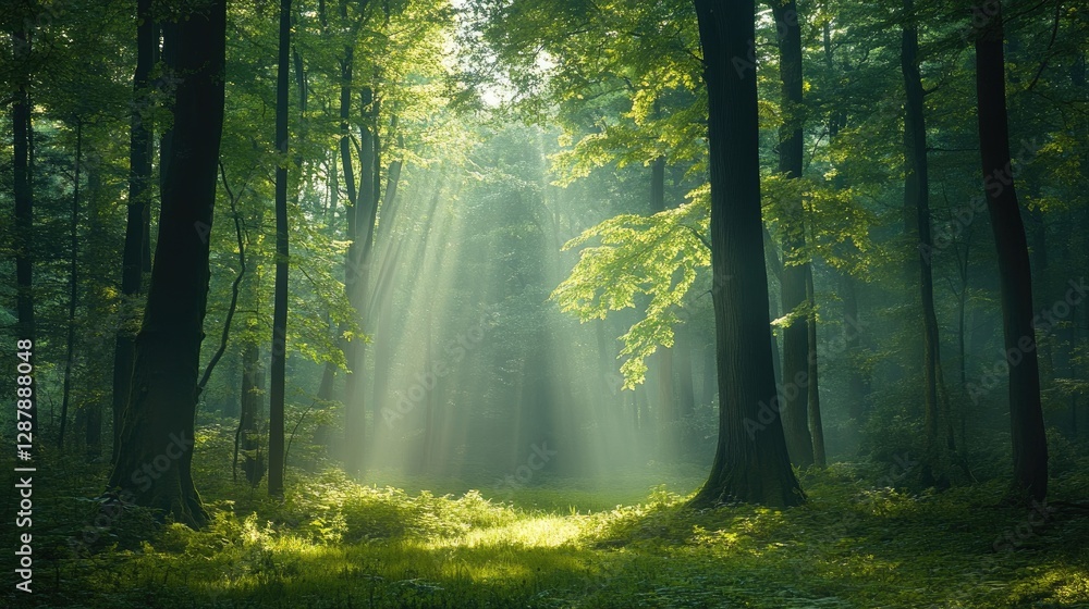 Fototapeta premium A beautiful evergreen forest with towering trees, soft beams of light filtering through, and lush green undergrowth.