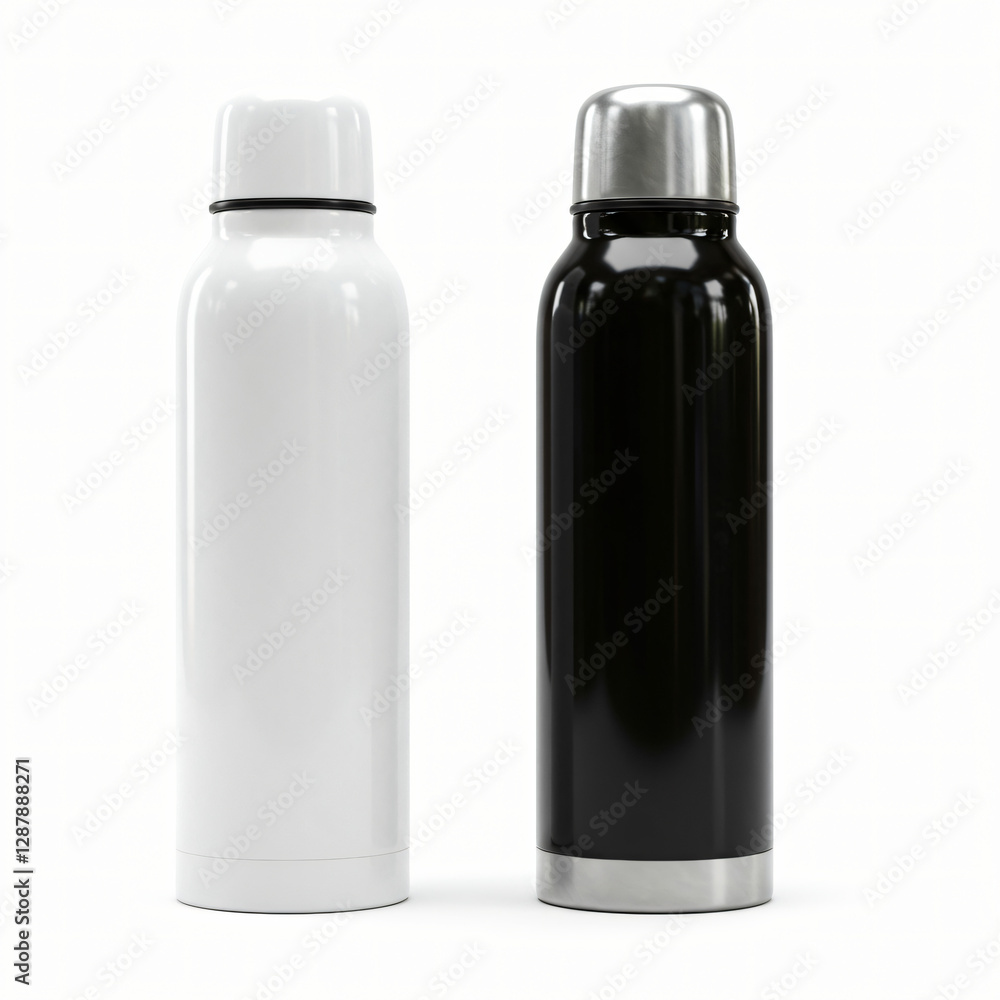 Two sleek reusable bottles black and white for water or drinks Two sleek reusable bottles black and white for water or drinks