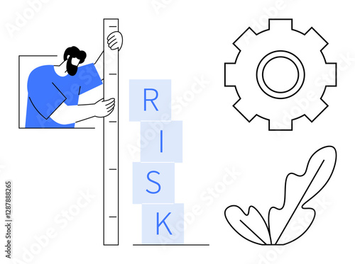 Person measuring blue blocks labeled RISK, accompanied by a gear and a minimalist leaf drawing. Ideal for risk management, business strategy, analysis, assessment, growth, strategy, operations