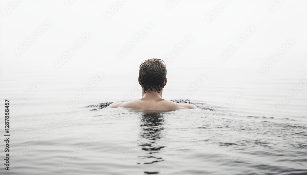 Swimmer enjoys tranquil moments in calm waters during morning Swimmer enjoys tranquil moments in calm waters during morning