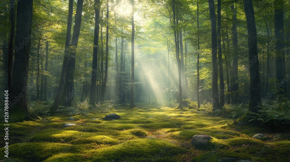 Obraz premium A beautiful woodland clearing bathed in soft sunlight with dense trees surrounding it and patches of green moss on the ground.