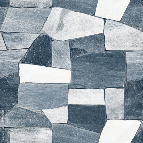 Stone wall Irregular shapes create textured surface. Gray, blue, white seamless pattern background