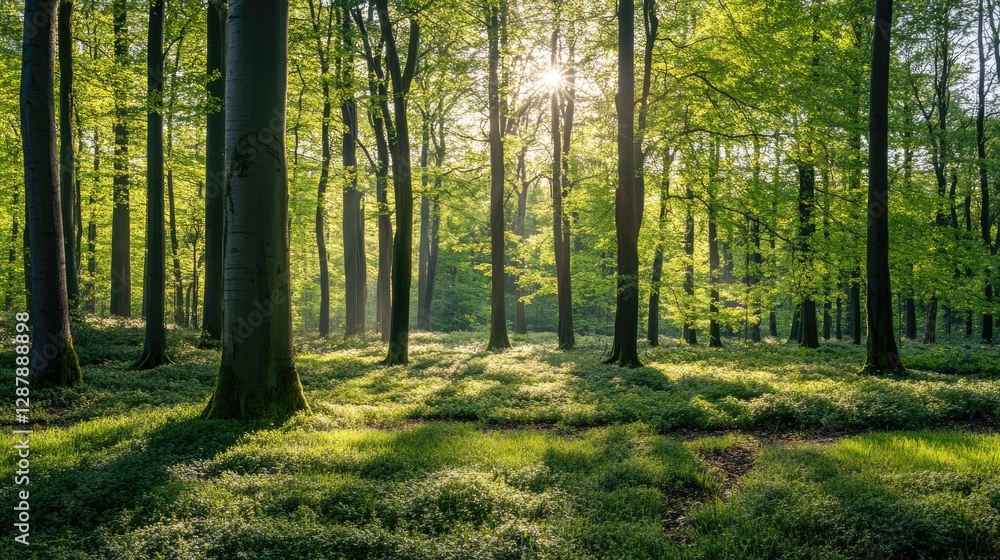 Fototapeta premium A bright woodland in the spring with fresh green leaves, and soft sunlight casting gentle shadows on the forest floor.