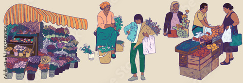 Set market illustrations. People buy flowers, fruits, vegetables. Eco vegetarian collection of silhouettes of people and shops in retro style. Stickers isolated on transparent background