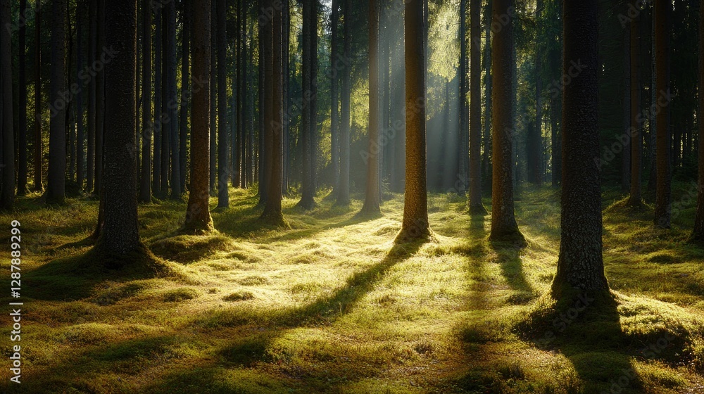 Obraz premium A calm evergreen forest with sunlight filtering through the trees, casting soft shadows on the forest floor.