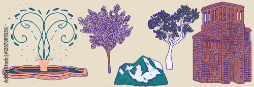 Elements of urban architecture sticker set. Building, trees, fountain, mountains. City illustration in retro style isolated on transparent background