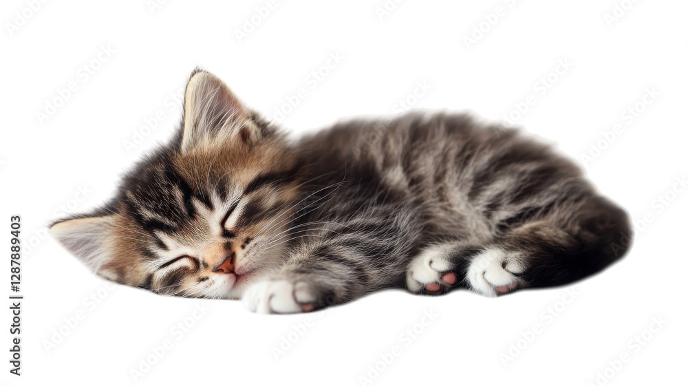 Obraz premium Cute striped kitten peacefully sleeping on a soft surface during a sunny afternoon