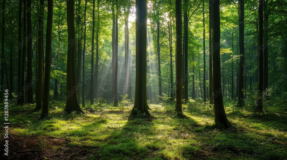 A calm and peaceful evergreen forest with sunlight streaming through the tree canopy, illuminating the forest floor. A calm and peaceful evergreen forest with sunlight streaming through the tree canopy, illuminating the forest floor.