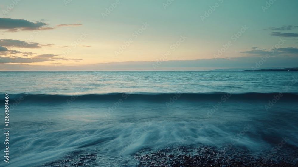 A calm ocean at dusk, with soft waves gently lapping against a rocky shore under a fading sky. A calm ocean at dusk, with soft waves gently lapping against a rocky shore under a fading sky.
