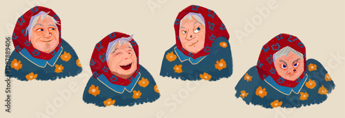 Four emotions of the old lady's face. The woman rejoices, laughs, gets angry and doubts.  Portrait stickers of cartoon granny character isolated on transparent background