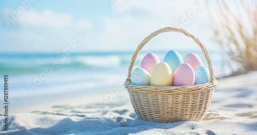 Colorful Easter eggs in a woven basket on a sandy beach
