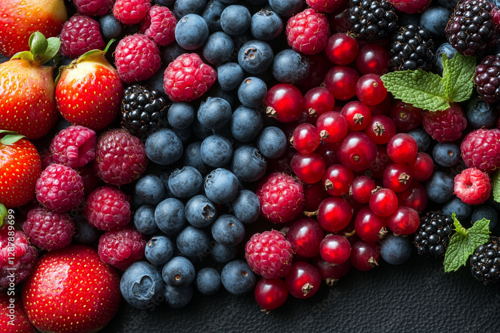Colorful mix of berries and fruits on textured background Colorful mix of berries and fruits on textured background