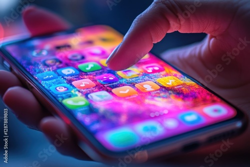 Vibrant Smartphone Apps Interface: A Close-up of Colorful Icons and a Finger Interacting with the Screen