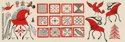 Red black geometric folk design elements, animals symbolic stickers of Slavic Mezen painting. Traditional ornament style isolated on transparent background. Horse, bird, deer, tile.