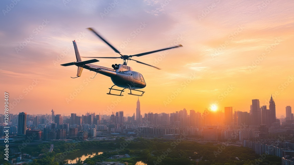 A helicopter flying over a city skyline at sunset A helicopter flying over a city skyline at sunset