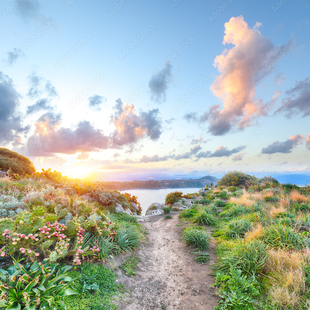 Awesome spring view on the the cape Milazzo panorama of nature reserve.