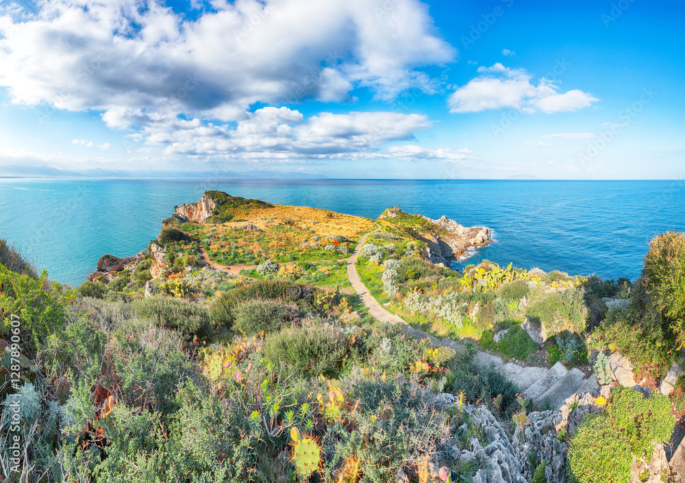 Scenic spring view on the the cape Milazzo panorama of nature reserve Piscina di Venere.