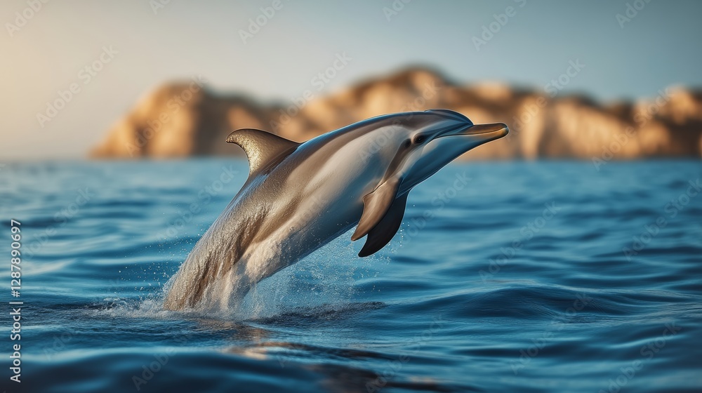 Fototapeta premium Dolphin is jumping out of the water. The water is blue and the sky is clear