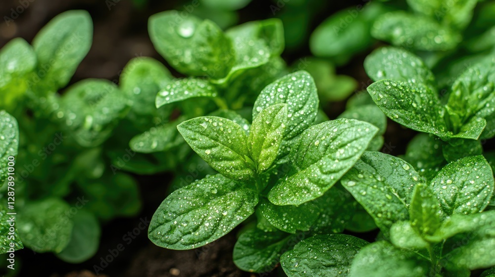 A close-up of fresh herbs growing in a garden bed, with dew drops glistening on the leaves. A close-up of fresh herbs growing in a garden bed, with dew drops glistening on the leaves.