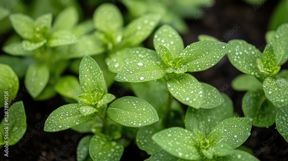 A close-up of fresh herbs growing in a garden bed, with dew drops glistening on the leaves. A close-up of fresh herbs growing in a garden bed, with dew drops glistening on the leaves.