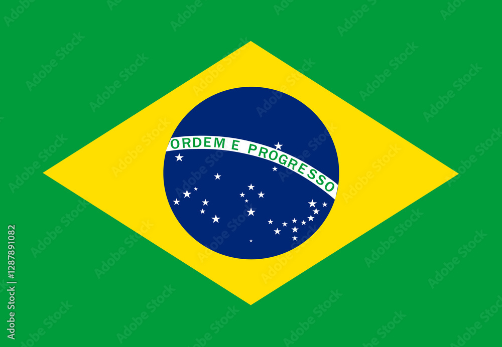 Fototapeta premium Classic flag Brazil. Official flag Brazil with size proportions and original color. Standard color and size. Independence Day. Banner template. National flag of Brazil with coat arms.