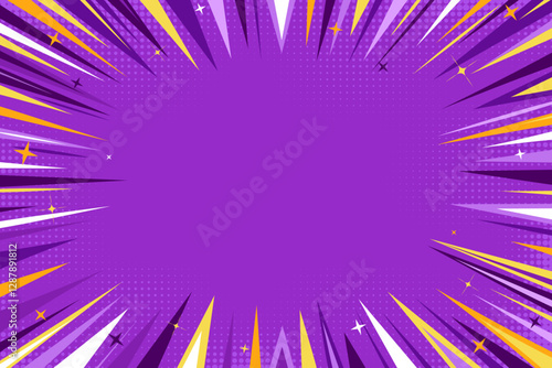 Purple comic book cartoon background. Modern creative pop art purple background with halftone and stars. Pop art speed zoom backdrop in purple, white and yellow tones