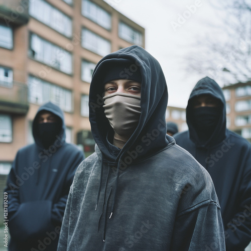 A group of youths wearing hoodies look to camera in a bleak urban setting, there is a sense of danger or criminal intent, gang activity. Square.