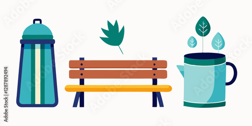 Minimalist autumn objects collection with bench and hot drink