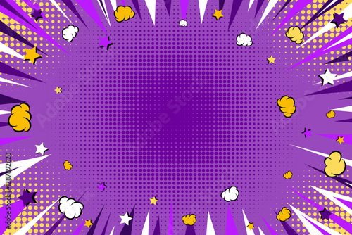 Comic cartoon purple background with motion rays and clouds. Modern creative pop art purple background with halftone, clouds and stars. Pop art speed zoom backdrop in purple, white and yellow tones
