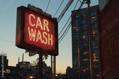 Bright neon car wash sign glowing during twilight hours in an urban setting. Generative AI