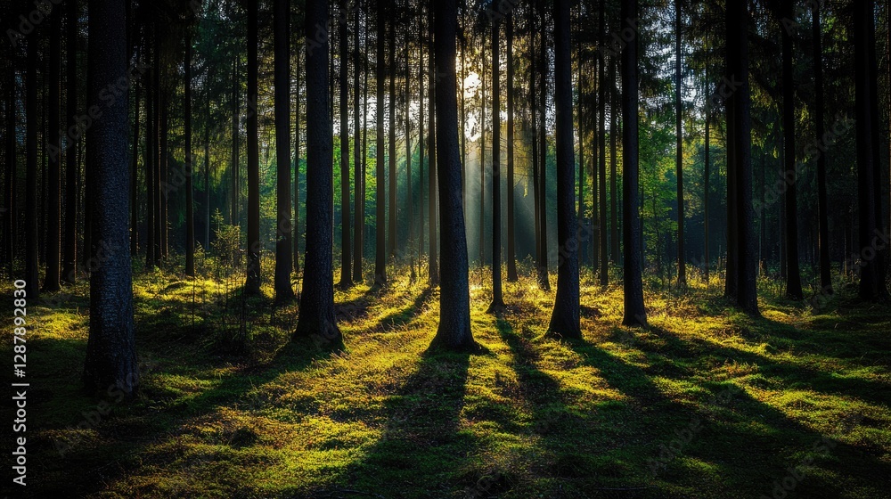 Fototapeta premium A dark evergreen forest with tall trees casting long shadows on the forest floor, creating a moody atmosphere.