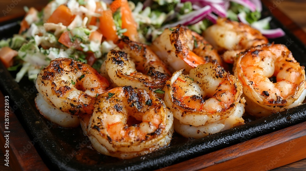 Grilled shrimp with fresh salad on a sizzling plate. Grilled shrimp with fresh salad on a sizzling plate.