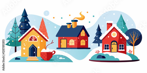 Winter village scene with cozy homes and snowy landscape for holiday greeting cards