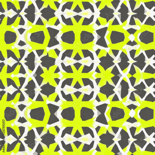 Symmetrical geometric pattern display of white, yellow and gray shapes on a patterned background