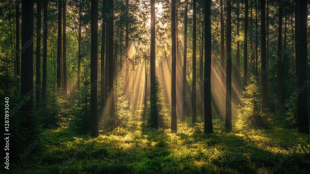 A dense evergreen forest with deep green pine trees and rays of sunlight peeking through the branches. A dense evergreen forest with deep green pine trees and rays of sunlight peeking through the branches.