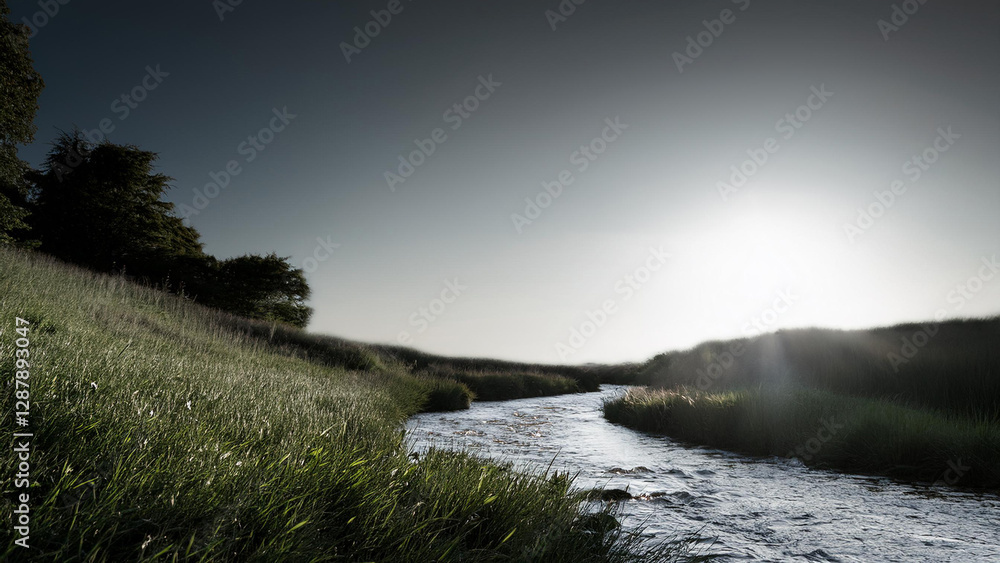 Fototapeta premium Sunlit Stream Meadow Serene Landscape
