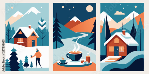 Winter landscapes and cozy cabin scenes with snow-capped mountains and warm beverages