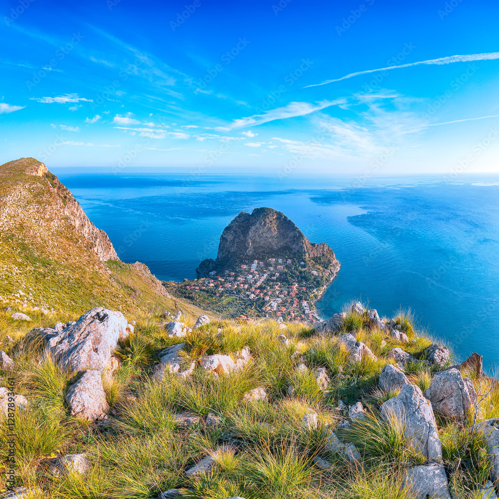 Amazing view of Santa Flavia town with cape Zafferano and national park Orientata Pizzo Cane.