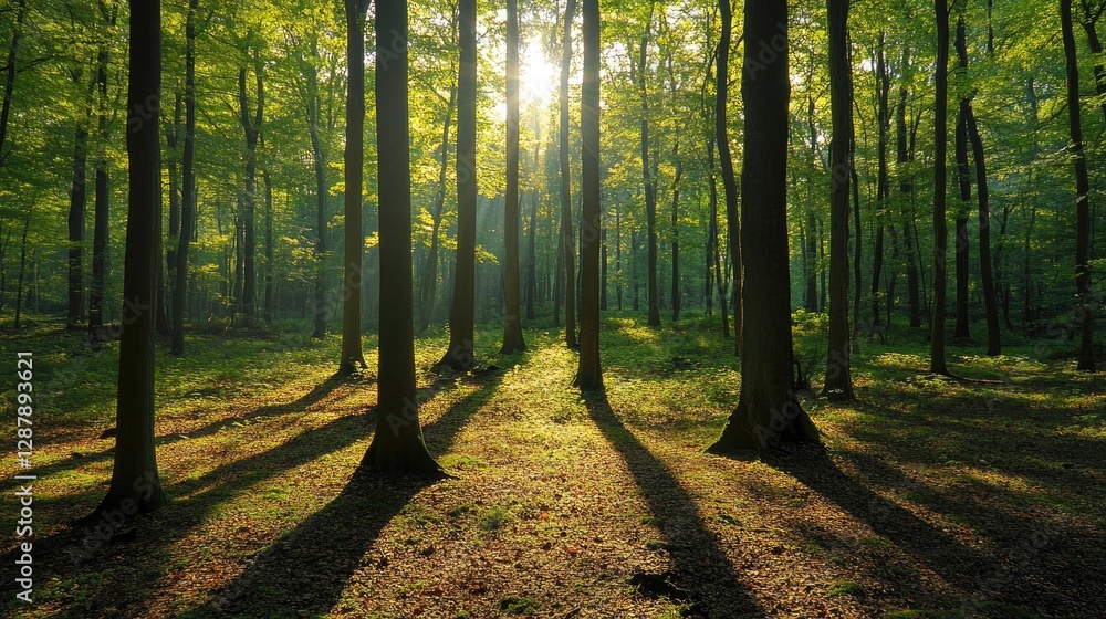 Fototapeta premium A dense woodland with towering trees, casting long shadows on the forest floor, creating a tranquil and calming scene.