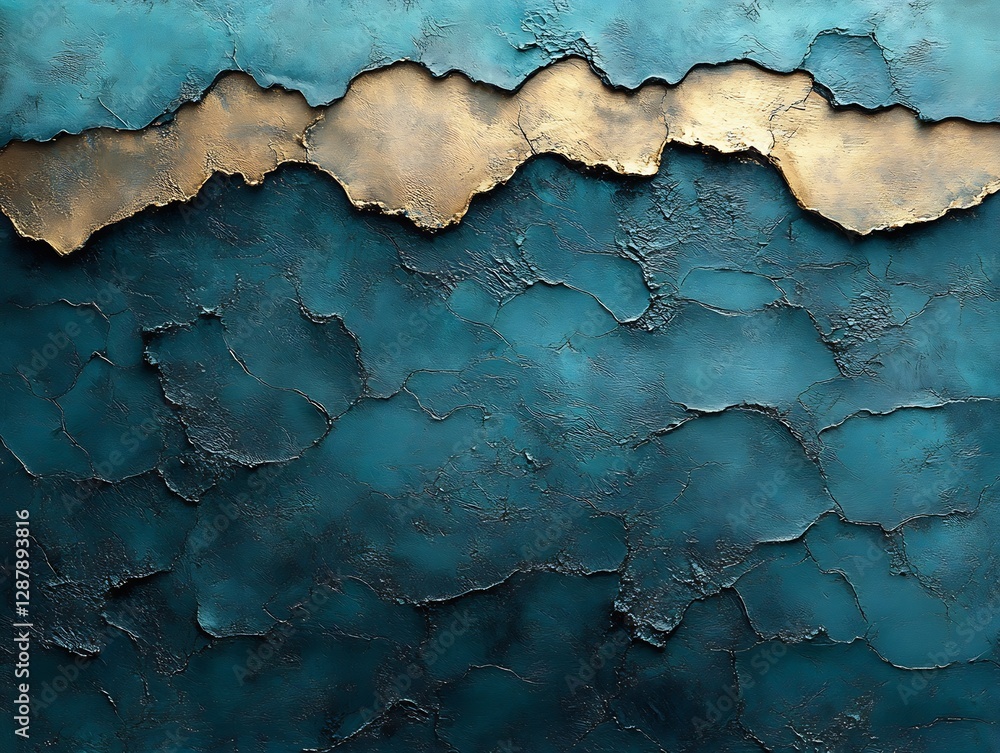 Obraz premium Textured Teal Wall Golden Crackle Detail. AI Generated