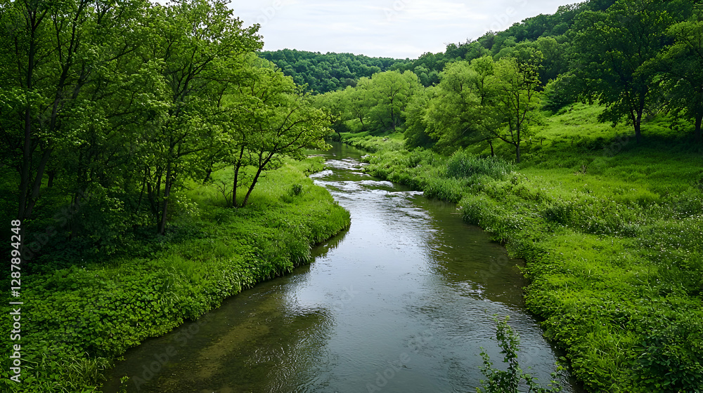 Serene River Landscape in Lush Green Valley Serene River Landscape in Lush Green Valley