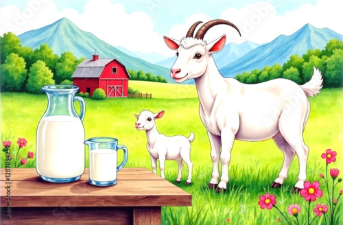 White goat and kid standing on green meadow on farm. Goat milk concept.