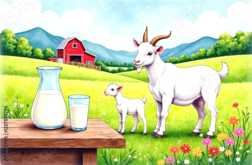 White goat and kid standing on green meadow on farm. Goat milk concept.