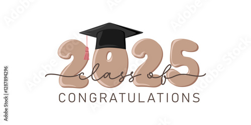 Class of 2025, congratulations. Handwritten text with graduation cap. Template for design party high school or college, graduate invitations or banner. Vector illustration