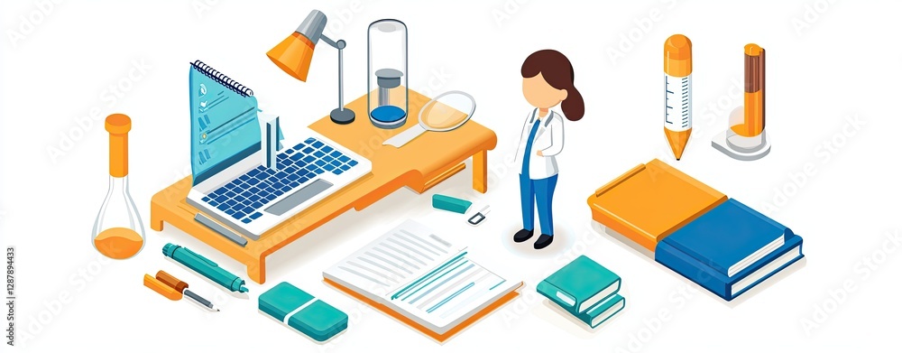 Obraz premium cozy home workspace Scandinavian office Illustration of a scientist at a desk with lab equipment, laptop, books, and stationery for research and study.